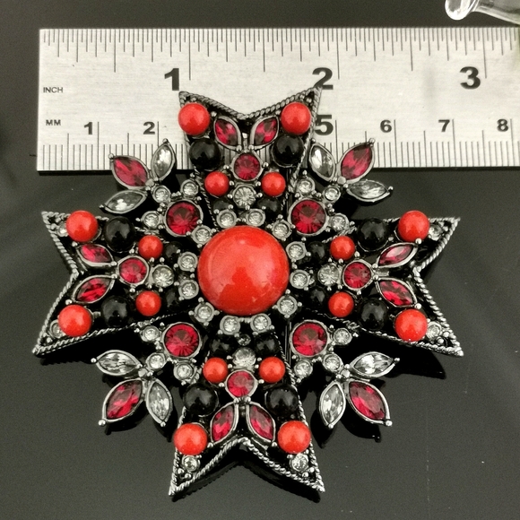 Joan Rivers Red & Black Rhinestones Maltese Cross Gunmetal Brooch Pin Large - Picture 6 of 9